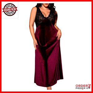 Plus Size Satin Nightgown V Neck Backless Lace Long Lingerie